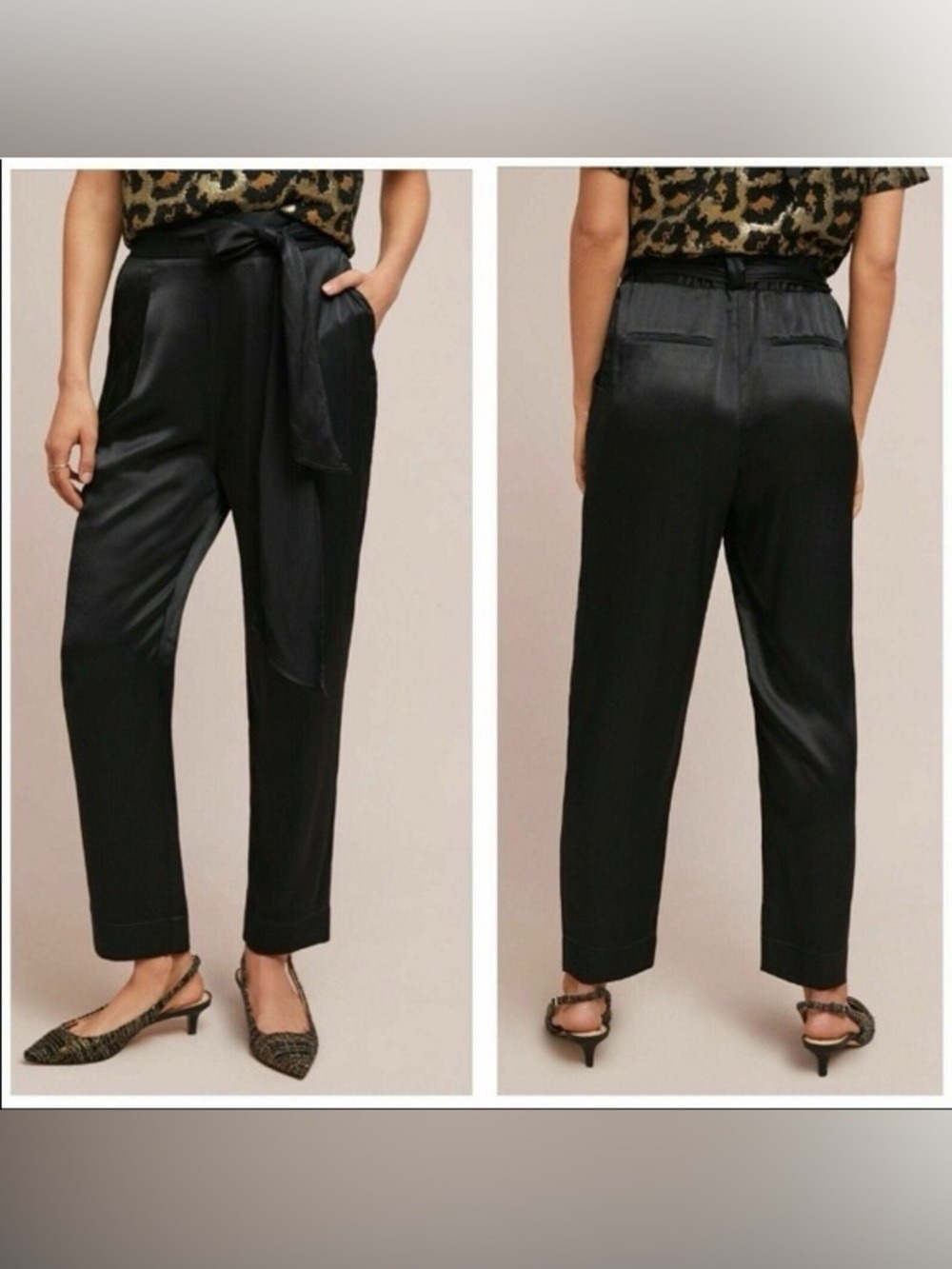 Anthropologie Ettitwa Black Satin Tie-Waist Tapered Pants Size 8 - Picture 1 of 10